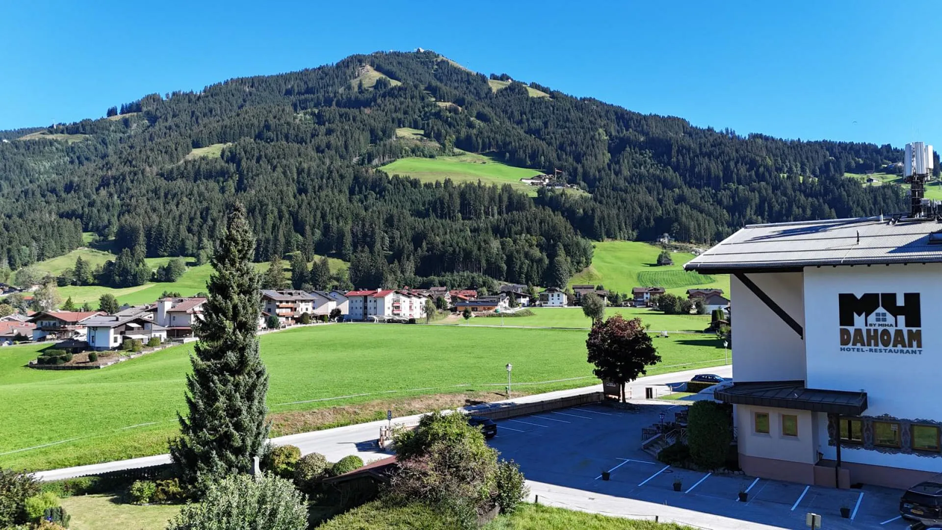 View of the landscape with mountains and buildings