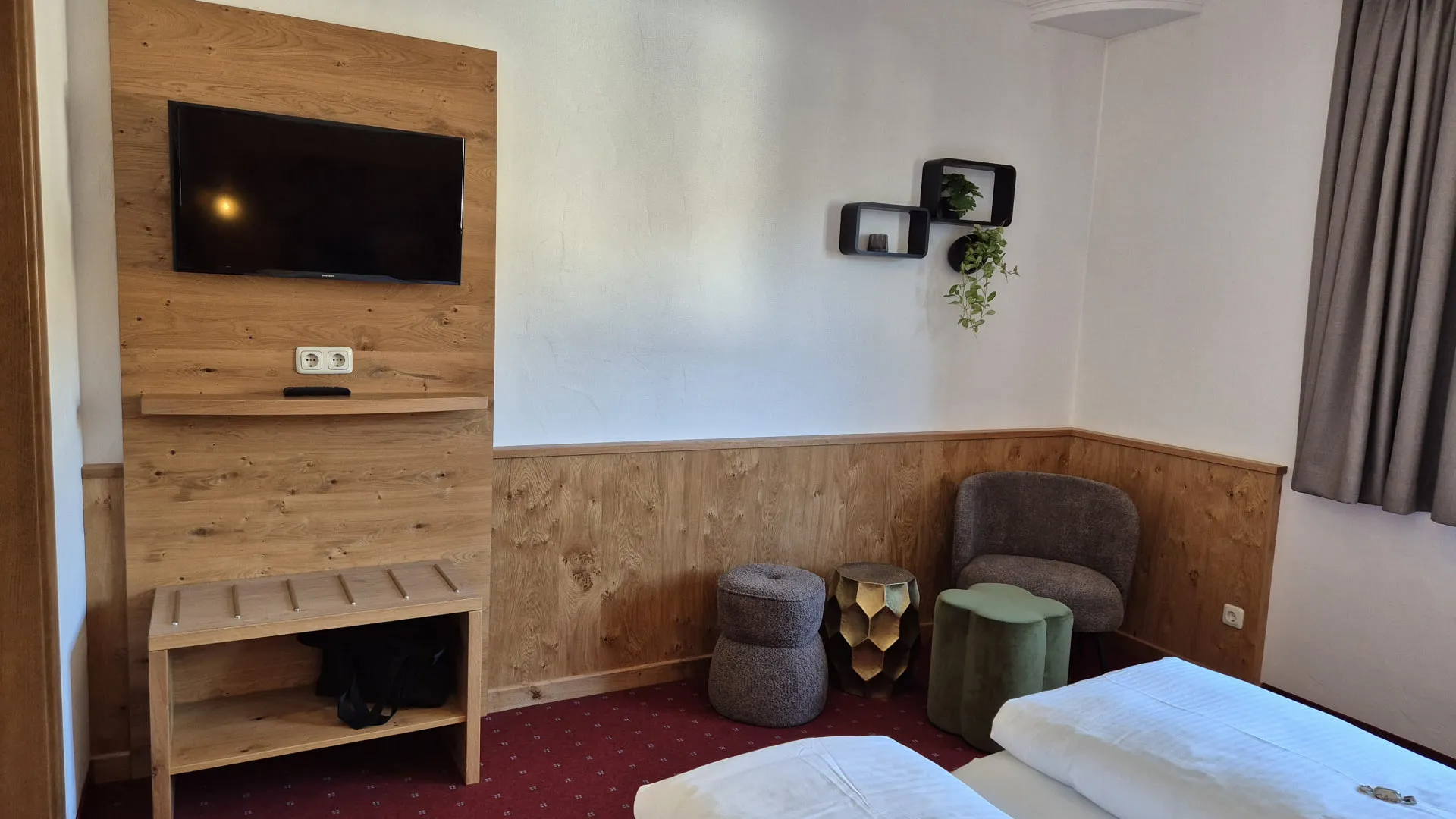Zimmer mit Fernseher, Holzwänden, Pflanzen, Bett und Sitzgelegenheiten.