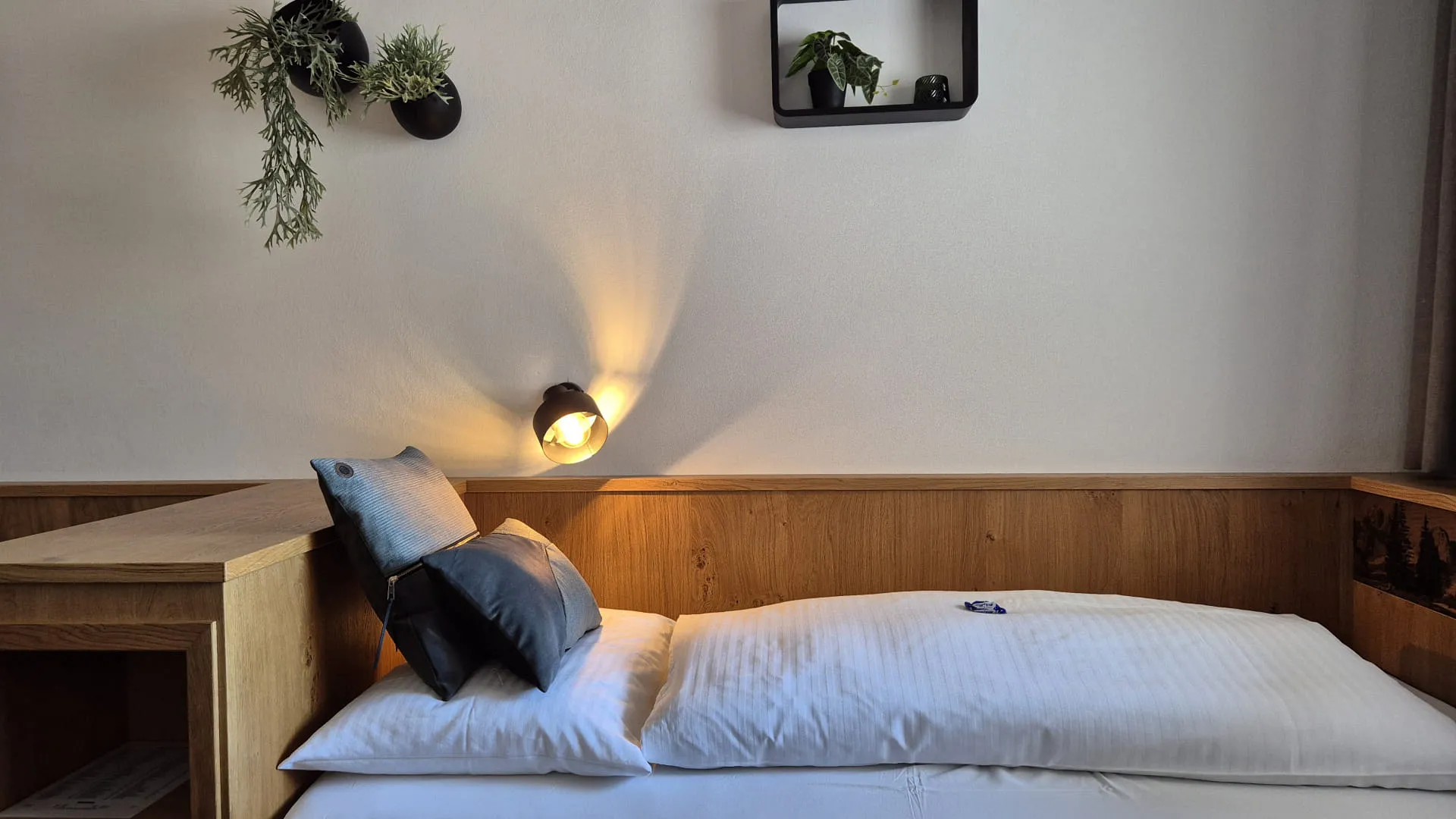 Cozy twin bed with wall lighting and plant decor